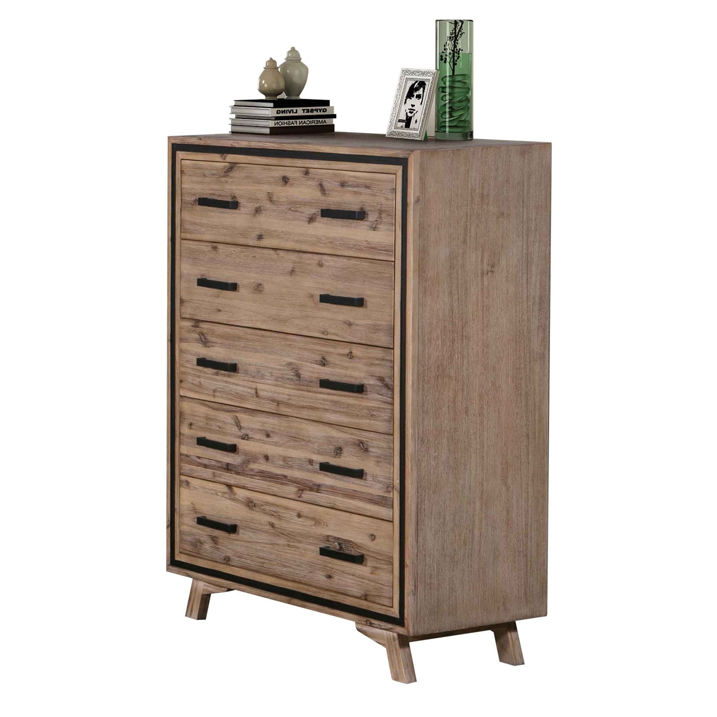 Tallboy with 5 Storage Drawers Solid Acacia Wooden Frame in Silver Brush Colour - TRENDZ