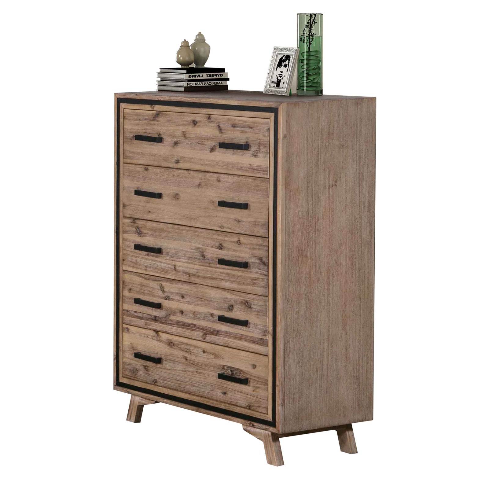 Tallboy with 5 Storage Drawers Solid Acacia Wooden Frame in Silver Brush Colour - TRENDZ