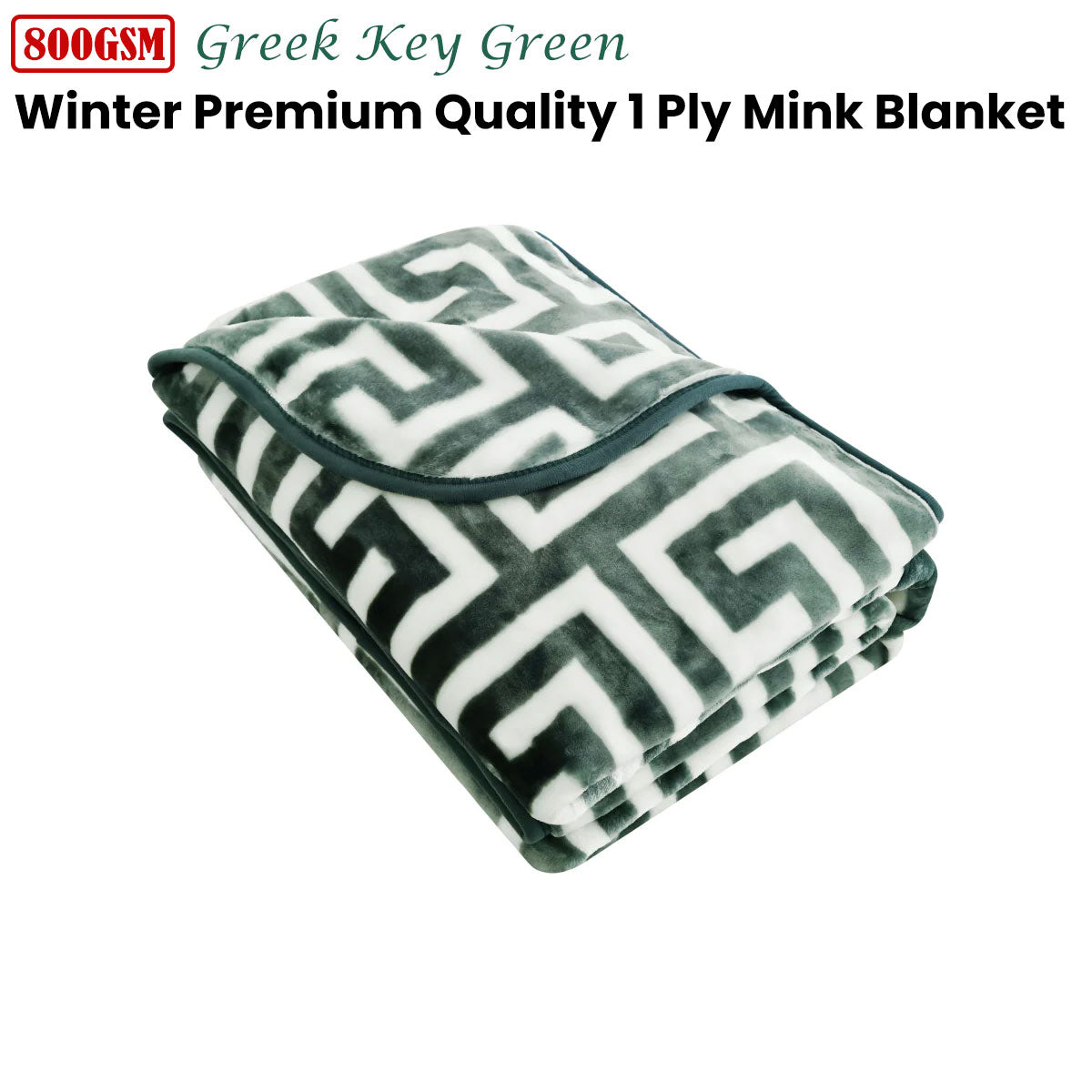 Bloomington 800GSM Greek Key Green Winter Premium Quality 1 Ply Mink Blanket King - TRENDZ