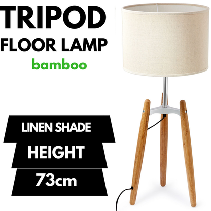 73cm Bamboo Tripod Table Lamp Light Modern Vintage w Beige Linen Shade - TRENDZ
