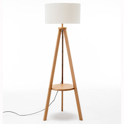 Natural Rubberwood Tripod Floor Lamp with Shelf & Linen Shade