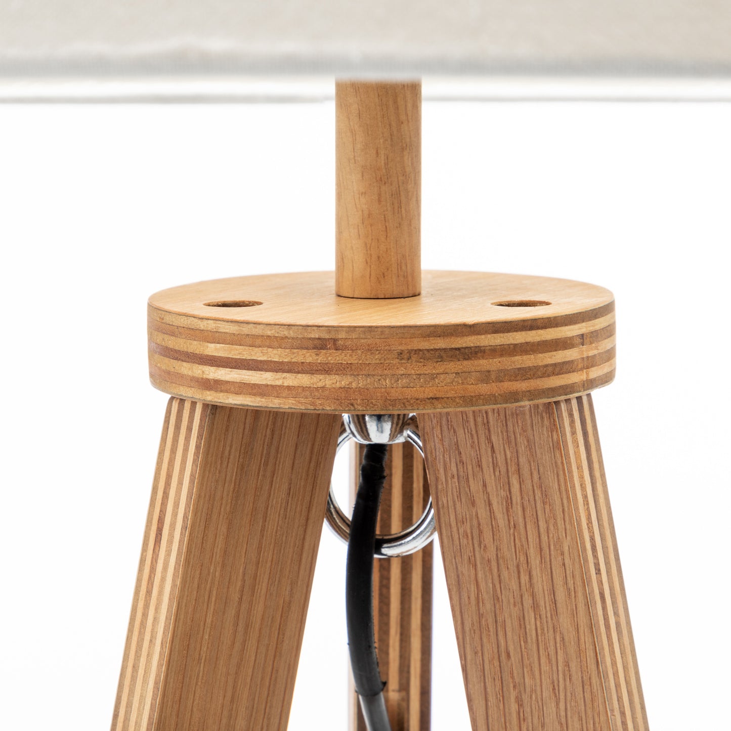 Natural Rubberwood Tripod Floor Lamp with Shelf & Linen Shade