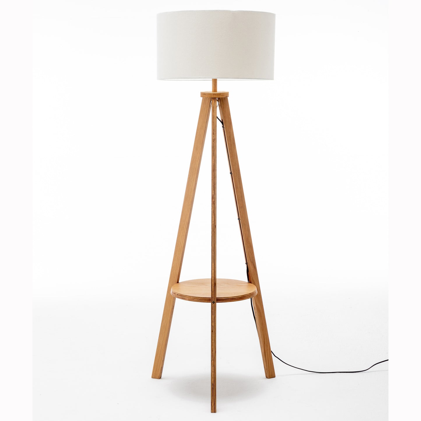 Natural Rubberwood Tripod Floor Lamp with Shelf & Linen Shade