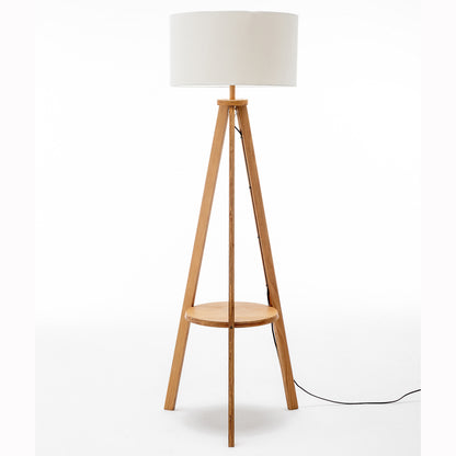 Natural Rubberwood Tripod Floor Lamp with Shelf & Linen Shade