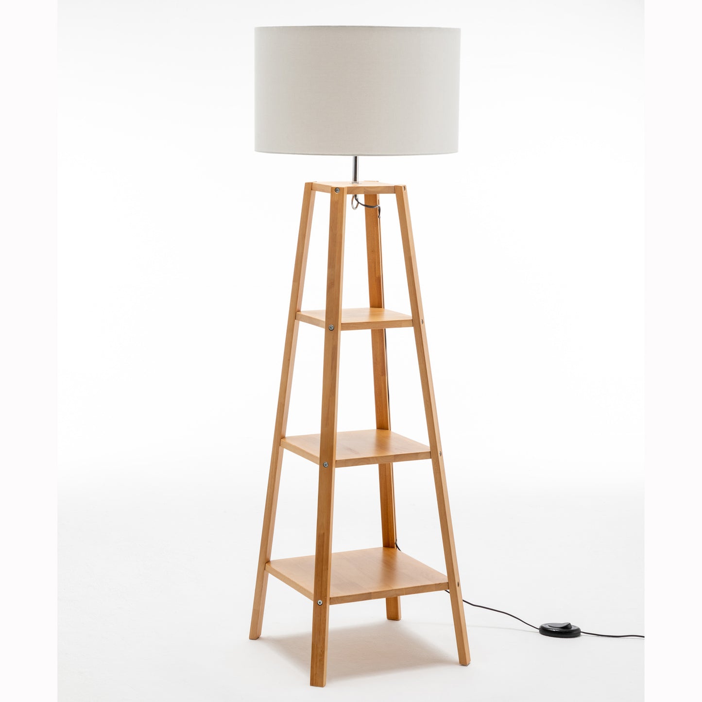 Marcie Rubberwood Floor Lamp with Multi-Shelf Storage – Natural Finish