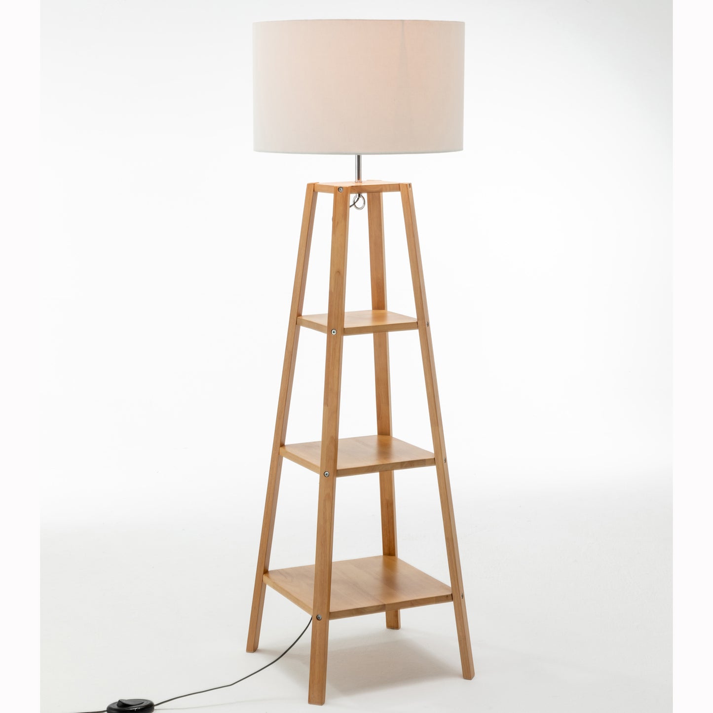 Marcie Rubberwood Floor Lamp with Multi-Shelf Storage – Natural Finish