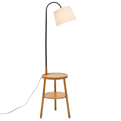 Naples Tripod Floor Lamp with USB & Shelf Storage – Natural Wood & Linen Shade