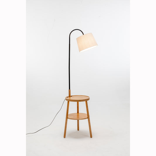 Naples Tripod Floor Lamp with USB & Shelf Storage – Natural Wood & Linen Shade