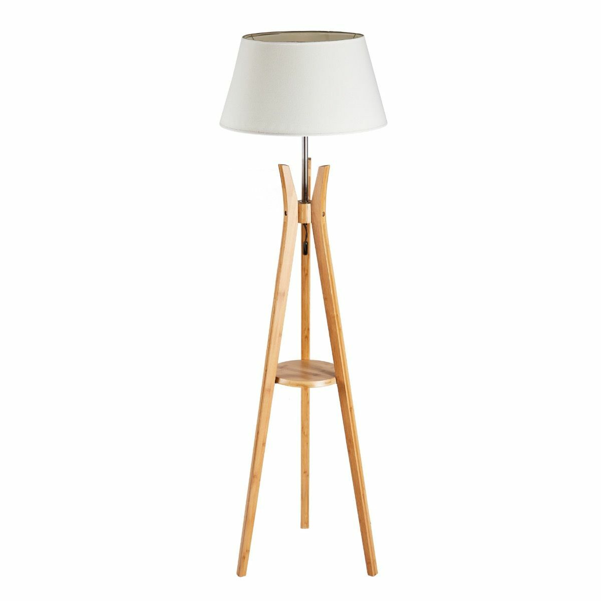 LARGE BAMBOO TRIPOD FLOOR LAMP Linen Shade Modern Light Vintage Wooden Scandi - TRENDZ