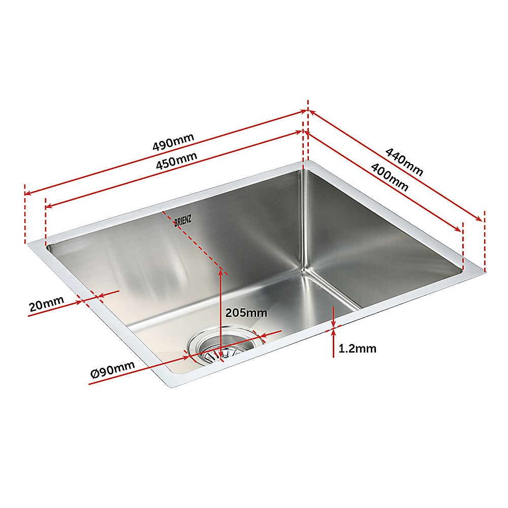 490x440mm Handmade Stainless Steel Undermount / Topmount Kitchen Laundry Sink with Waste - TRENDZ