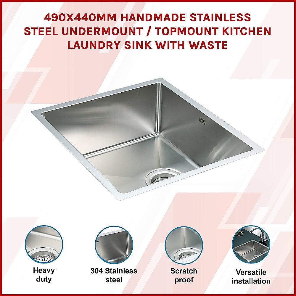 490x440mm Handmade Stainless Steel Undermount / Topmount Kitchen Laundry Sink with Waste - TRENDZ