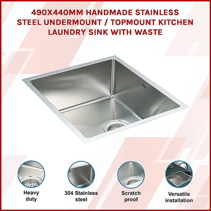 490x440mm Handmade Stainless Steel Undermount / Topmount Kitchen Laundry Sink with Waste - TRENDZ