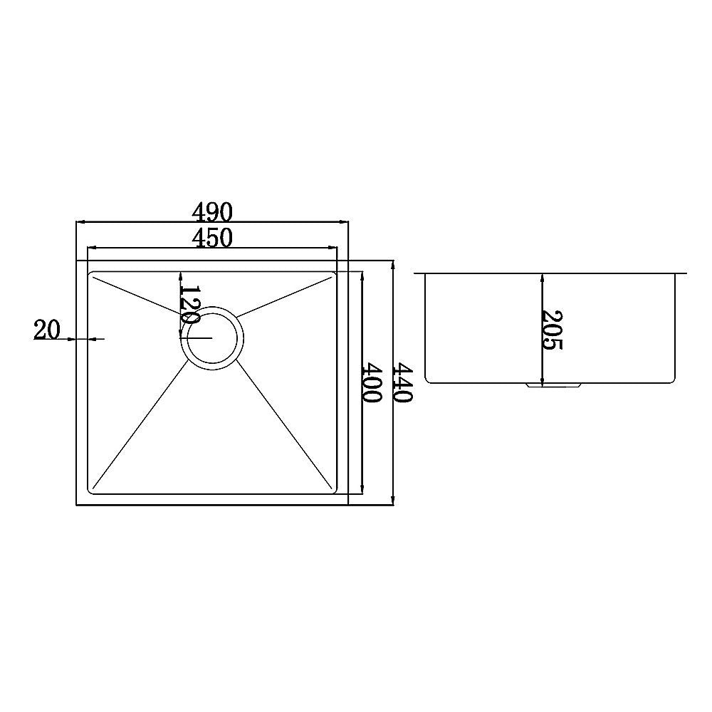 490x440mm Handmade Stainless Steel Undermount / Topmount Kitchen Laundry Sink with Waste - TRENDZ