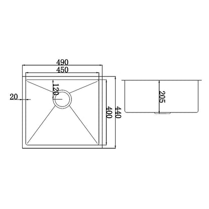 490x440mm Handmade Stainless Steel Undermount / Topmount Kitchen Laundry Sink with Waste - TRENDZ