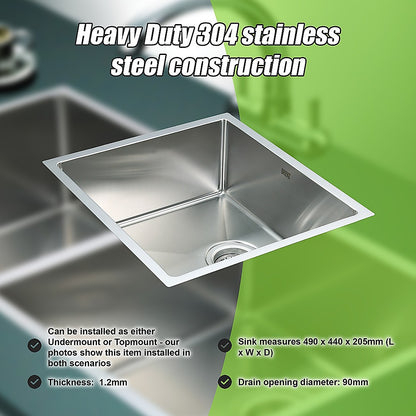 490x440mm Handmade Stainless Steel Undermount / Topmount Kitchen Laundry Sink with Waste - TRENDZ