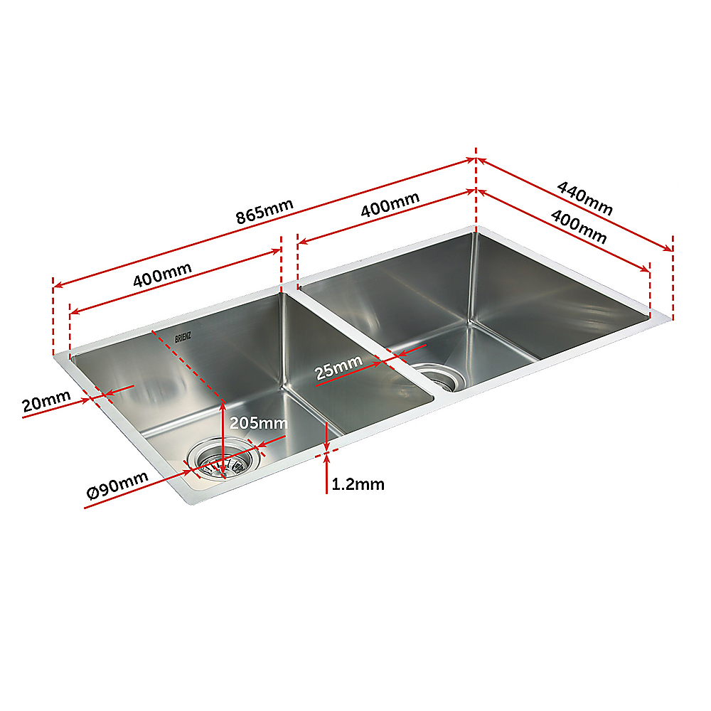 865x440mm Handmade Stainless Steel Undermount / Topmount Kitchen Sink with Waste - TRENDZ