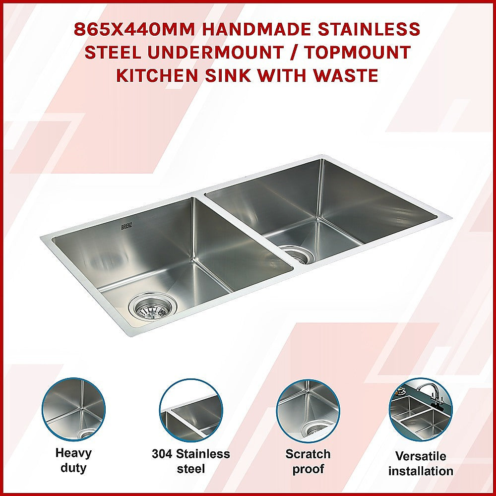 865x440mm Handmade Stainless Steel Undermount / Topmount Kitchen Sink with Waste - TRENDZ