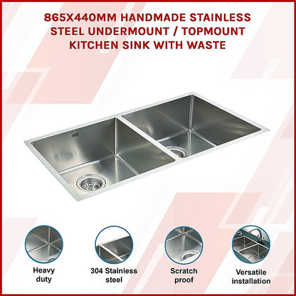 865x440mm Handmade Stainless Steel Undermount / Topmount Kitchen Sink with Waste - TRENDZ