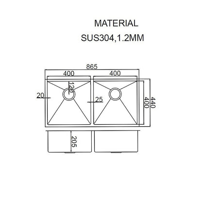 865x440mm Handmade Stainless Steel Undermount / Topmount Kitchen Sink with Waste - TRENDZ