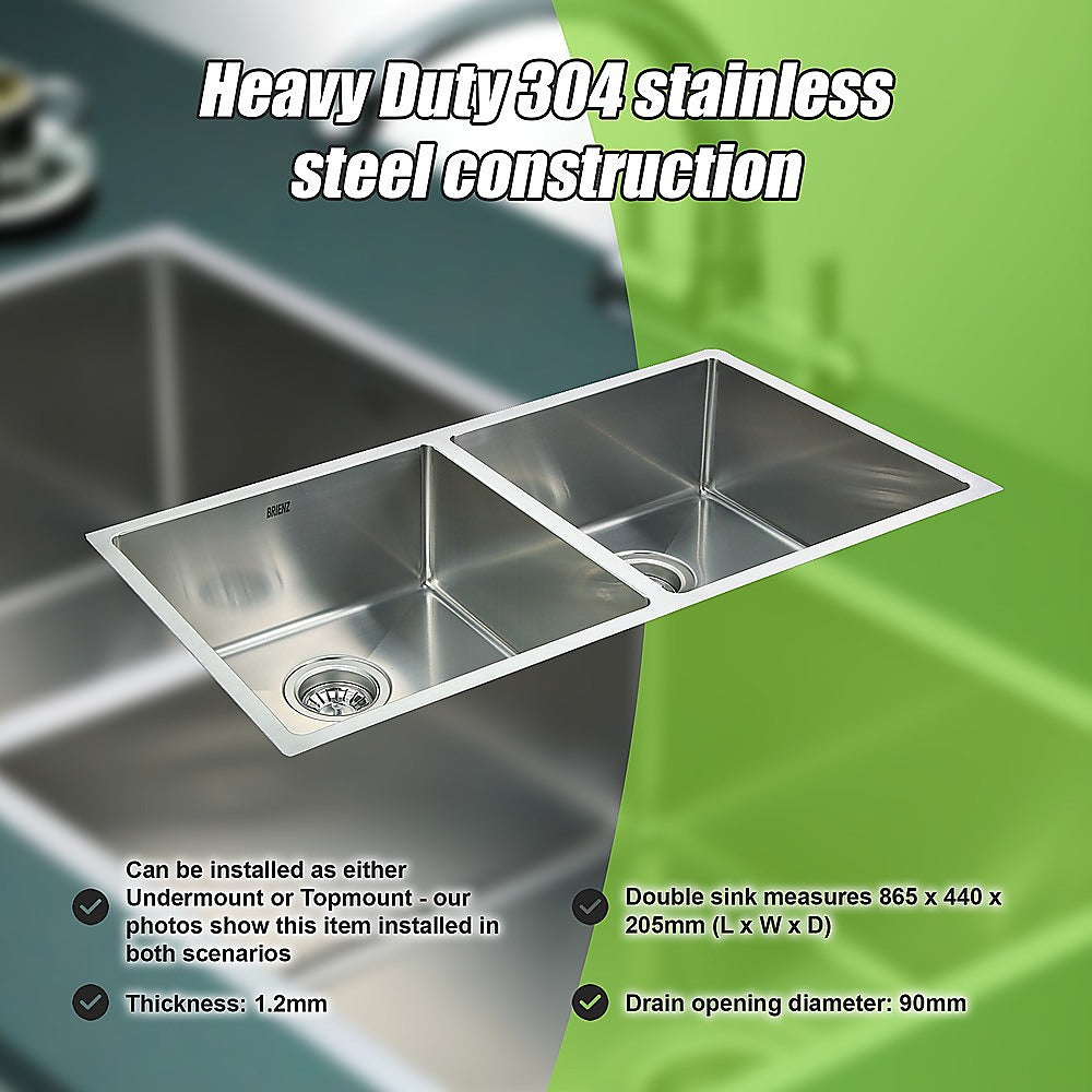 865x440mm Handmade Stainless Steel Undermount / Topmount Kitchen Sink with Waste - TRENDZ