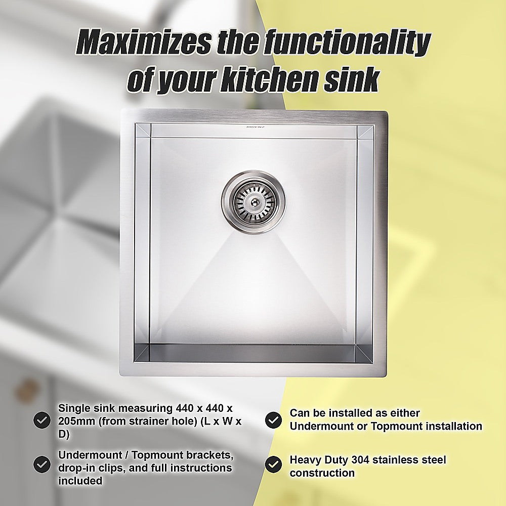 440x440mm Handmade Stainless Steel Undermount / Topmount Kitchen Laundry Sink with Waste - TRENDZ