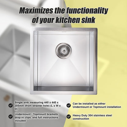 440x440mm Handmade Stainless Steel Undermount / Topmount Kitchen Laundry Sink with Waste - TRENDZ