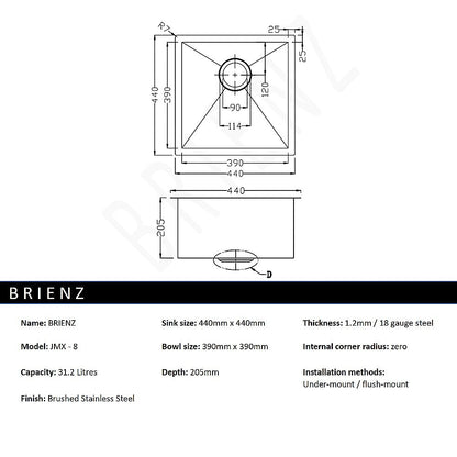 440x440mm Handmade Stainless Steel Undermount / Topmount Kitchen Laundry Sink with Waste - TRENDZ