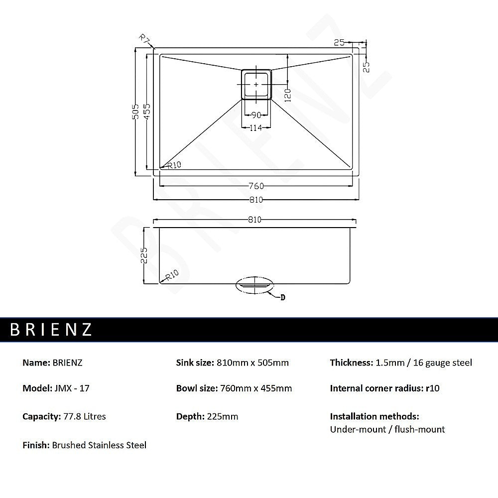 810x505mm Handmade 1.5mm Stainless Steel Undermount / Topmount Kitchen Sink with Square Waste - TRENDZ