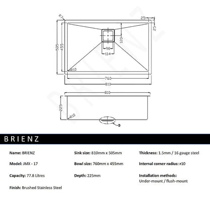 810x505mm Handmade 1.5mm Stainless Steel Undermount / Topmount Kitchen Sink with Square Waste - TRENDZ