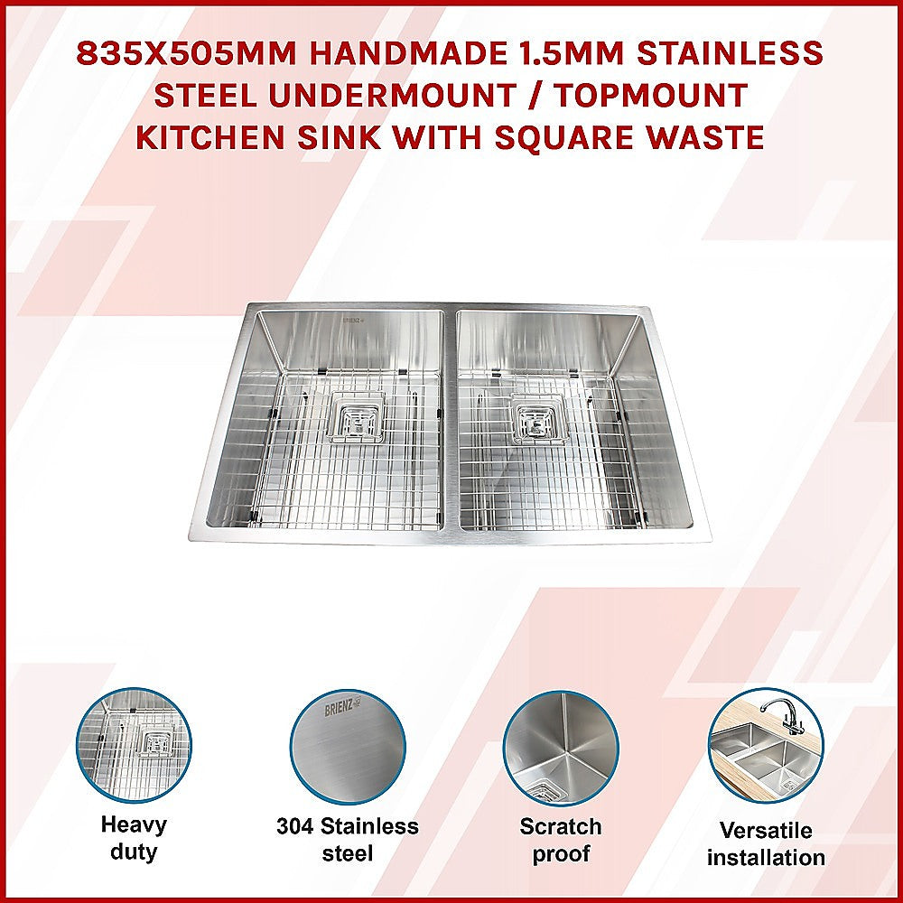 835x505mm Handmade 1.5mm Stainless Steel Undermount / Topmount Kitchen Sink with Square Waste - TRENDZ