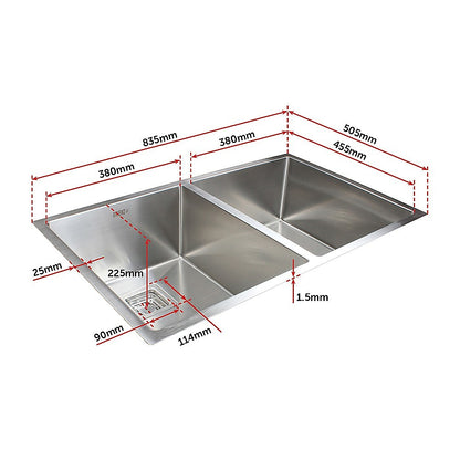 835x505mm Handmade 1.5mm Stainless Steel Undermount / Topmount Kitchen Sink with Square Waste - TRENDZ