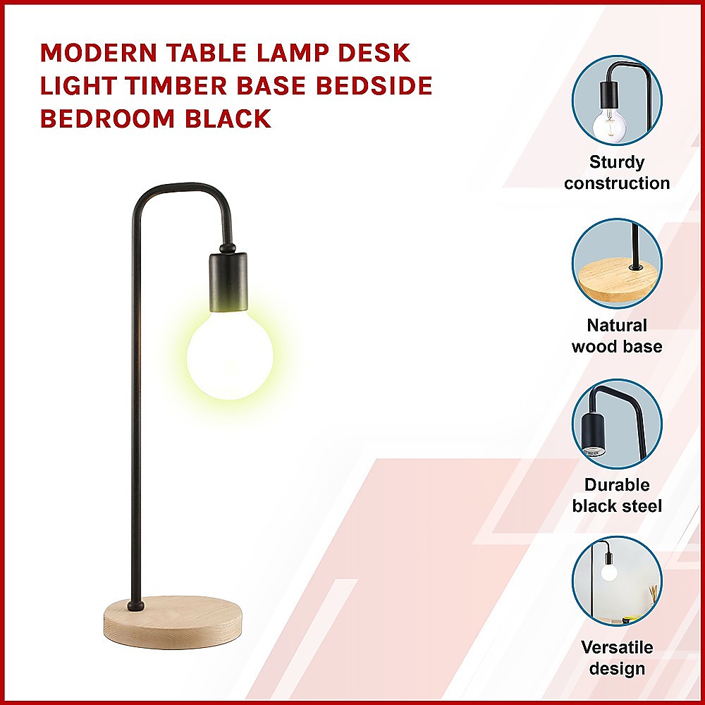 Modern Table lamp Desk Light Timber Base Bedside Bedroom Black - TRENDZ