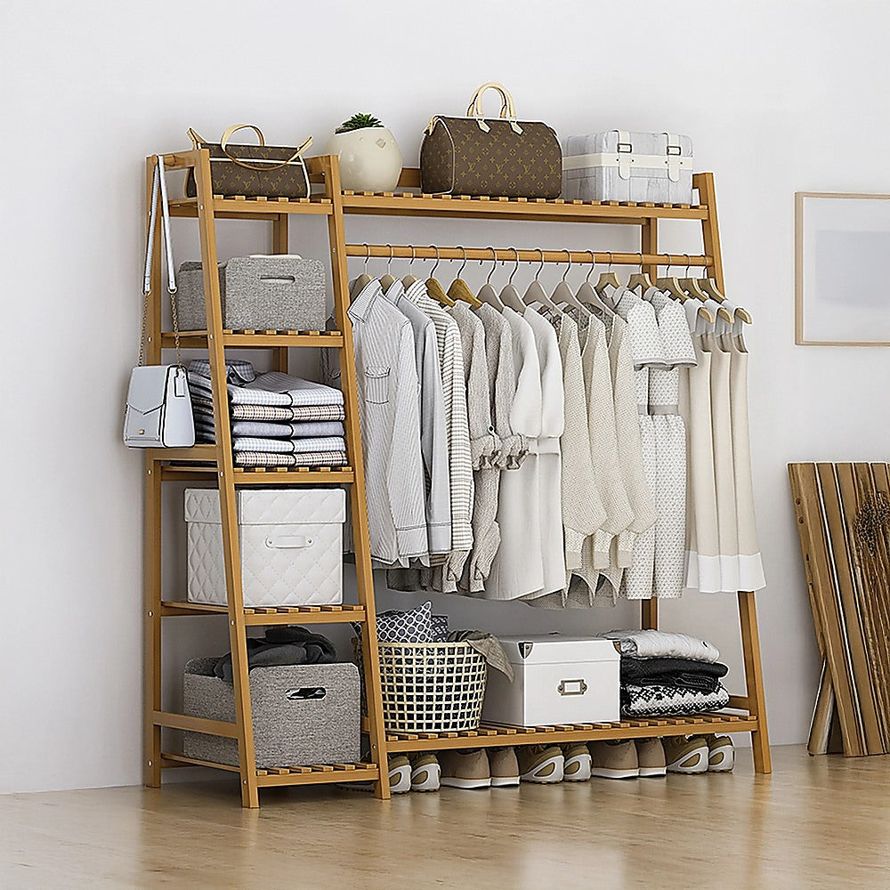 Portable Clothes Rack Coat Garment Stand Bamboo Rail Hanger Airer Closet