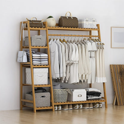 Portable Clothes Rack Coat Garment Stand Bamboo Rail Hanger Airer Closet