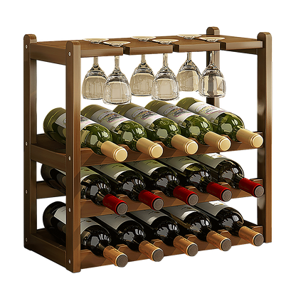 Bamboo Wine Rack Free Standing 15 Bottles with 6 Glasses Holder Storage in Dark Brown