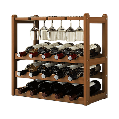 Bamboo Wine Rack Free Standing 15 Bottles with 6 Glasses Holder Storage in Dark Brown