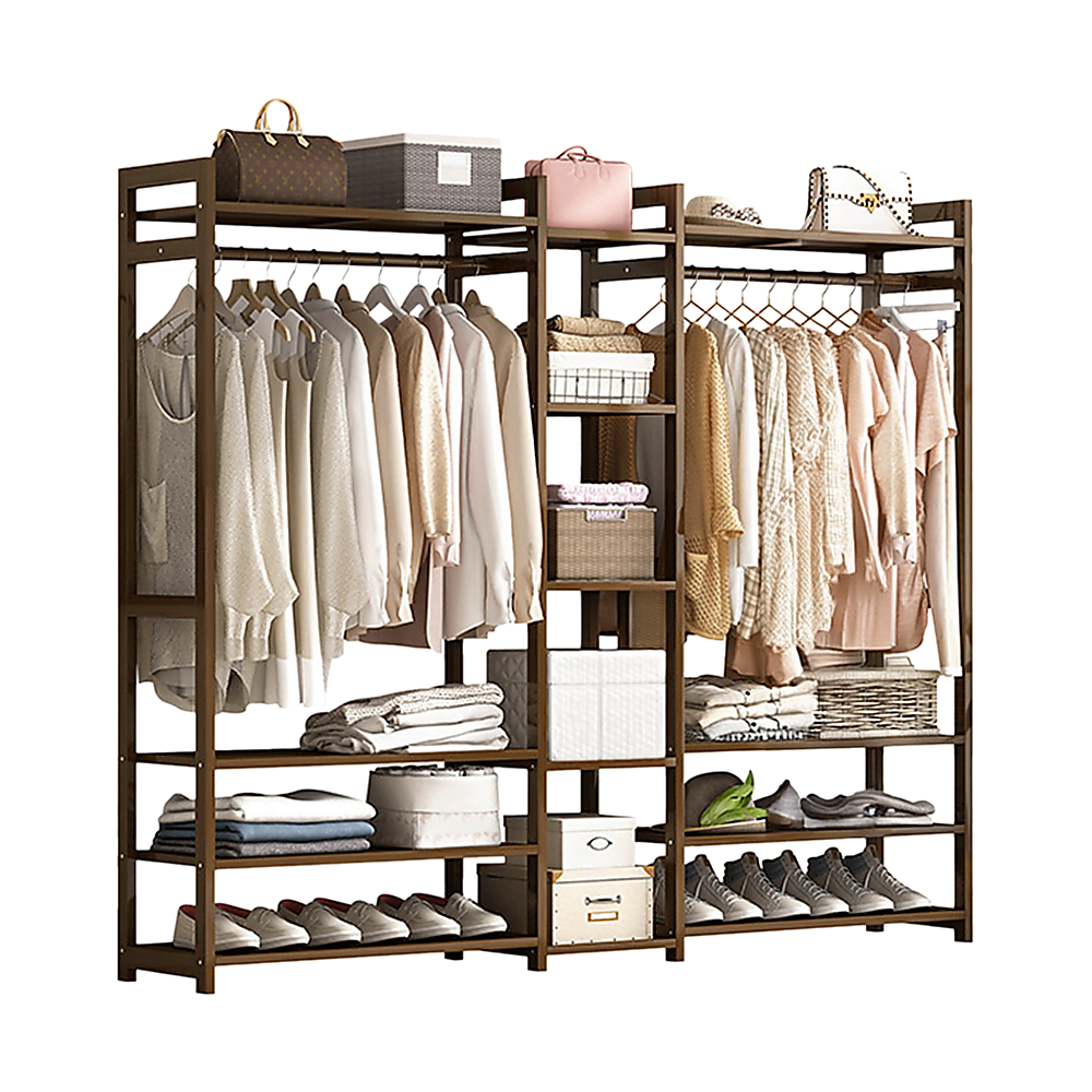 Bamboo Portable Clothes Rack with Shelves – Dark Wood