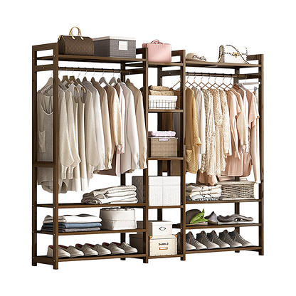 Bamboo Portable Clothes Rack with Shelves – Dark Wood