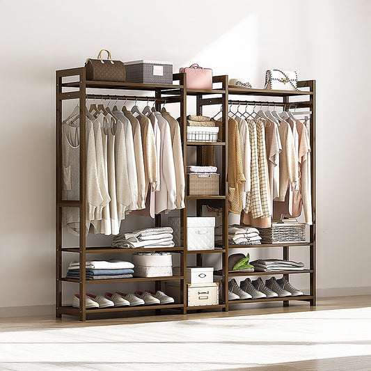 Bamboo Portable Clothes Rack with Shelves – Dark Wood