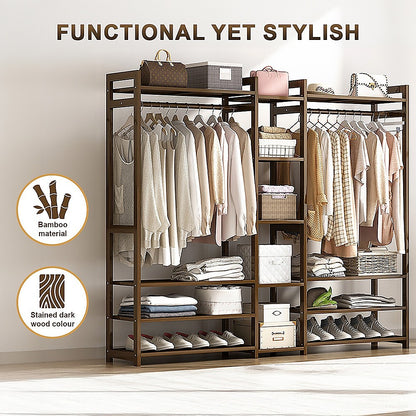 Bamboo Portable Clothes Rack with Shelves – Dark Wood