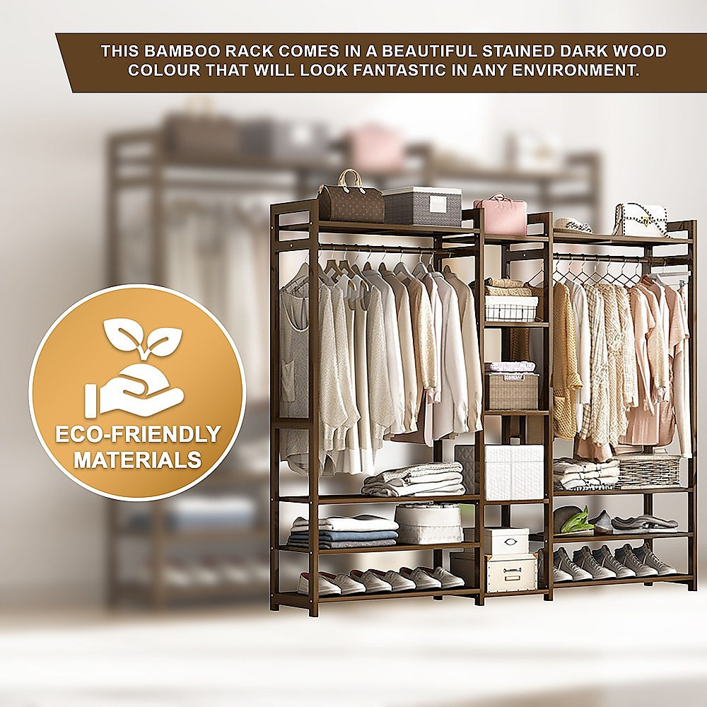 Bamboo Portable Clothes Rack with Shelves – Dark Wood