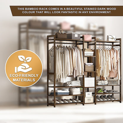 Bamboo Portable Clothes Rack with Shelves – Dark Wood