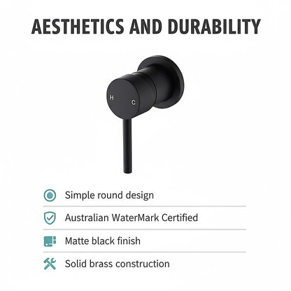 Della Francesca Round Shower & Bath Mixer Tap – Matte Black | Solid Brass, WaterMark Certified