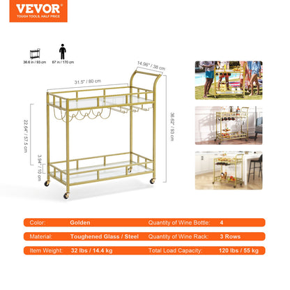 VEVOR 2 Tiers Gold Metal Bar Serving Cart with Wine Rack Glass Holder 120 LBS