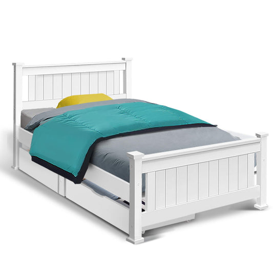 Artiss Bed Frame Single Size Wooden with 2 Drawers White RIO - TRENDZ