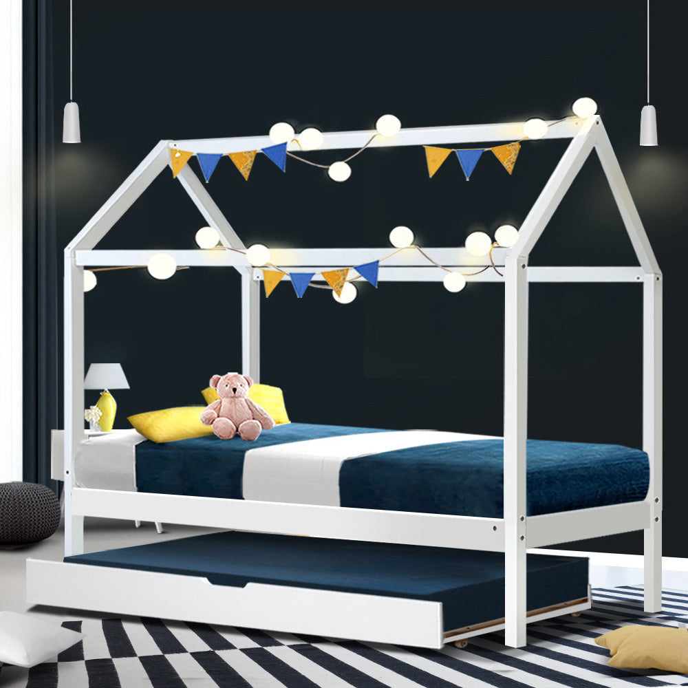 Artiss Bed Frame Wooden Trundle Daybed Kids House Frame White HOLY - TRENDZ