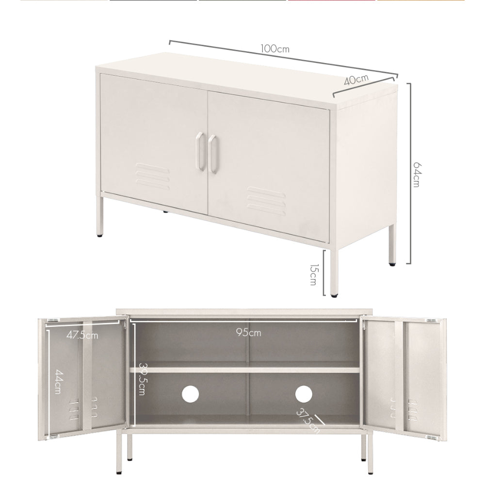 TRENDZ white metal buffet sideboard with double doors and interior shelving with ventilation holes