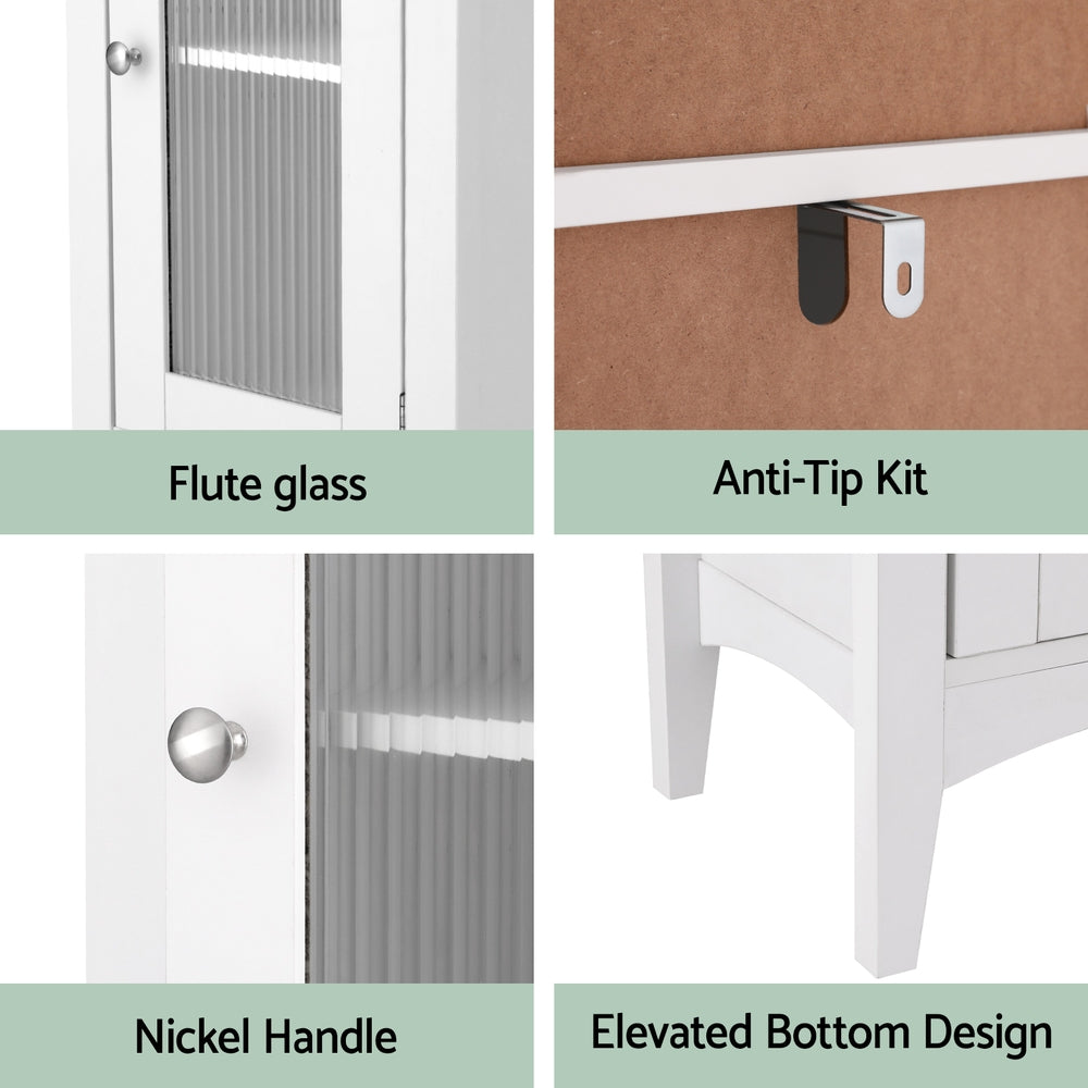 TRENDZ narrow storage cupboard for small bathrooms with flute glass door nickel handle anti-tip kit and elevated bottom design