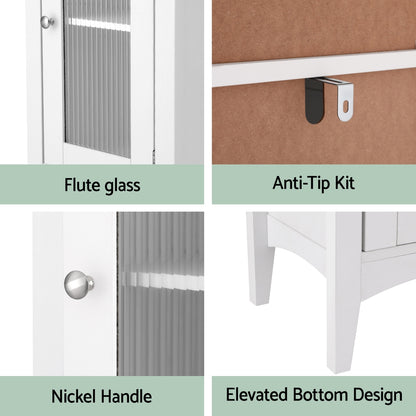 TRENDZ narrow storage cupboard for small bathrooms with flute glass door nickel handle anti-tip kit and elevated bottom design