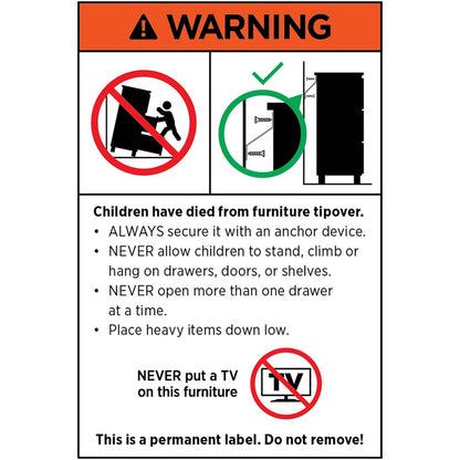 Warning label with safety instructions for TRENDZ space-saving bathroom furniture Australia to prevent tipping accidents